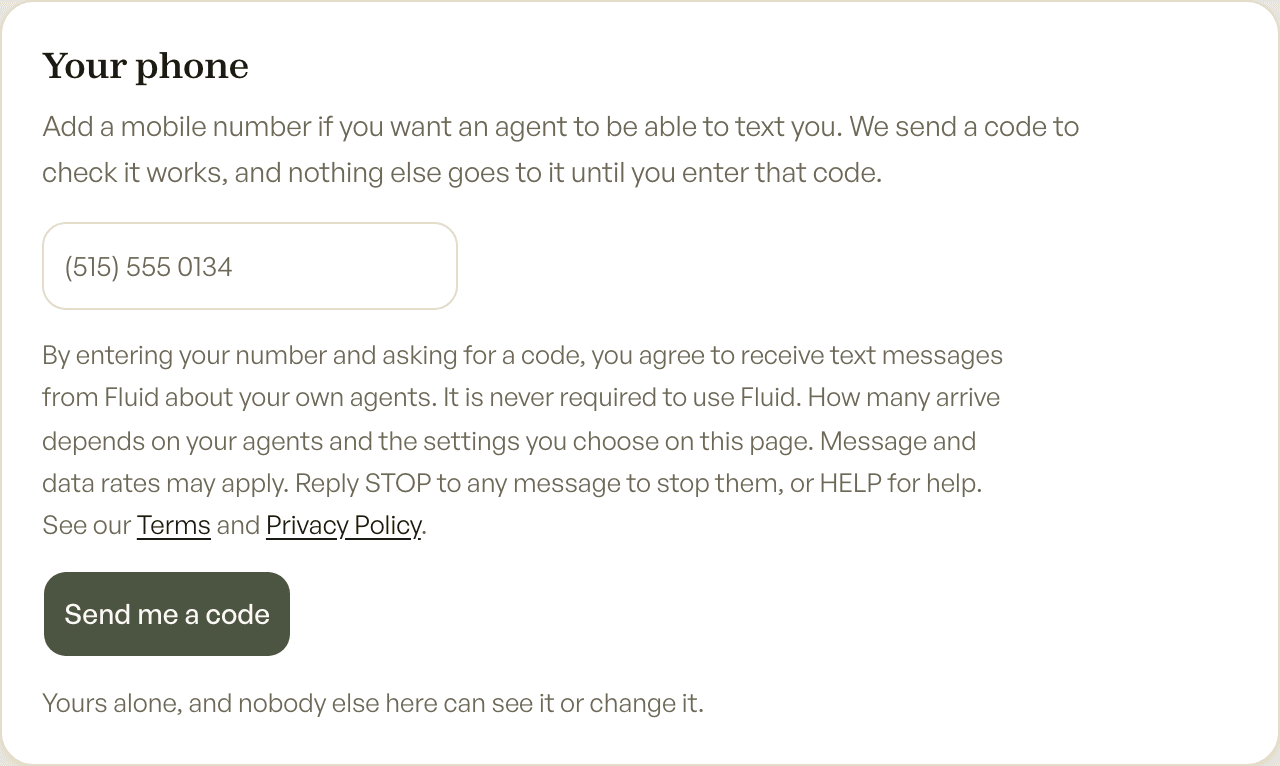 The Your phone section of the How you hear screen in Fluid: a box for a mobile number, the consent wording, and a Send me a code button.
